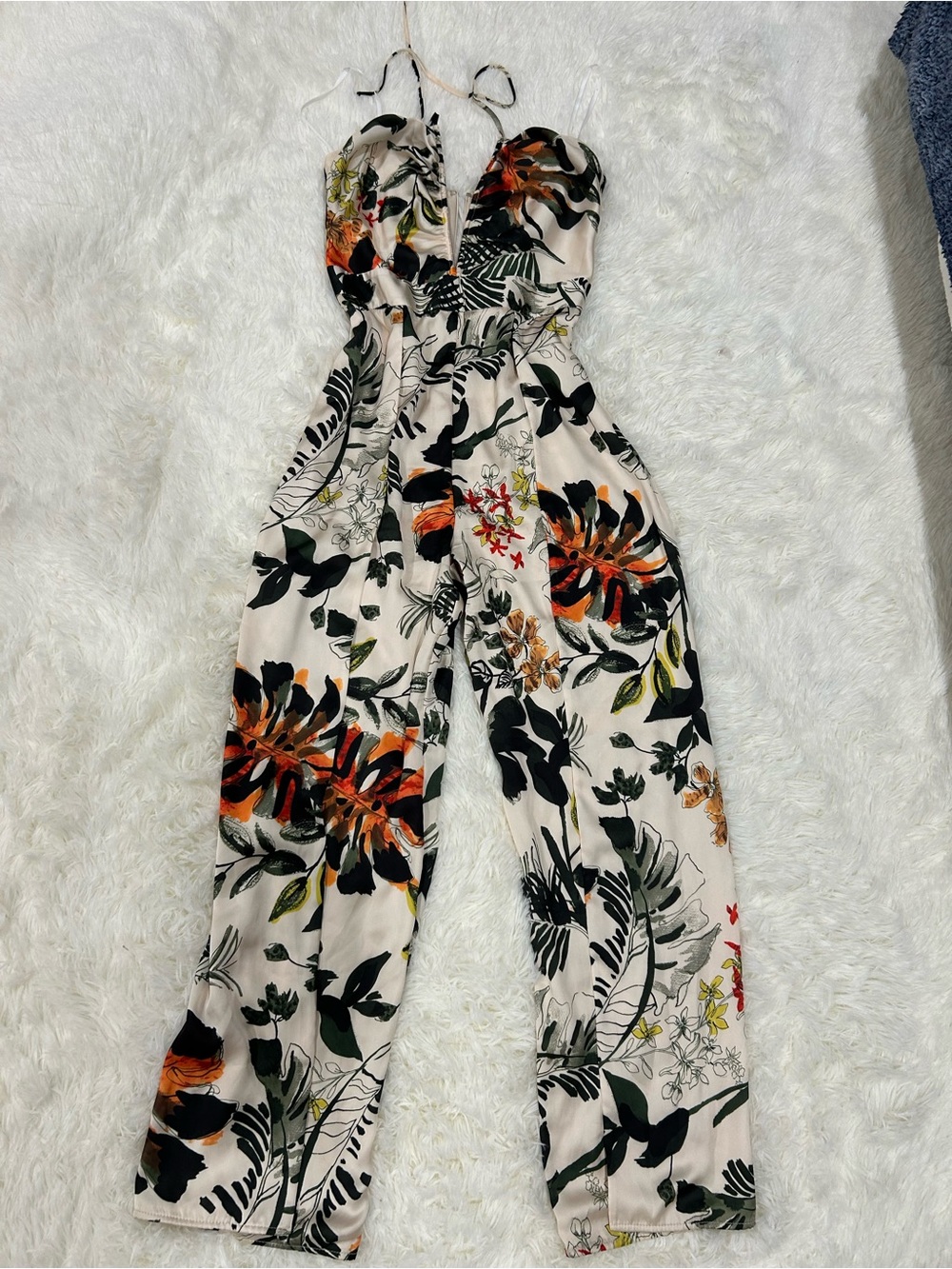 Floral Print Halter Jumpsuit in Cream with Black & Orange